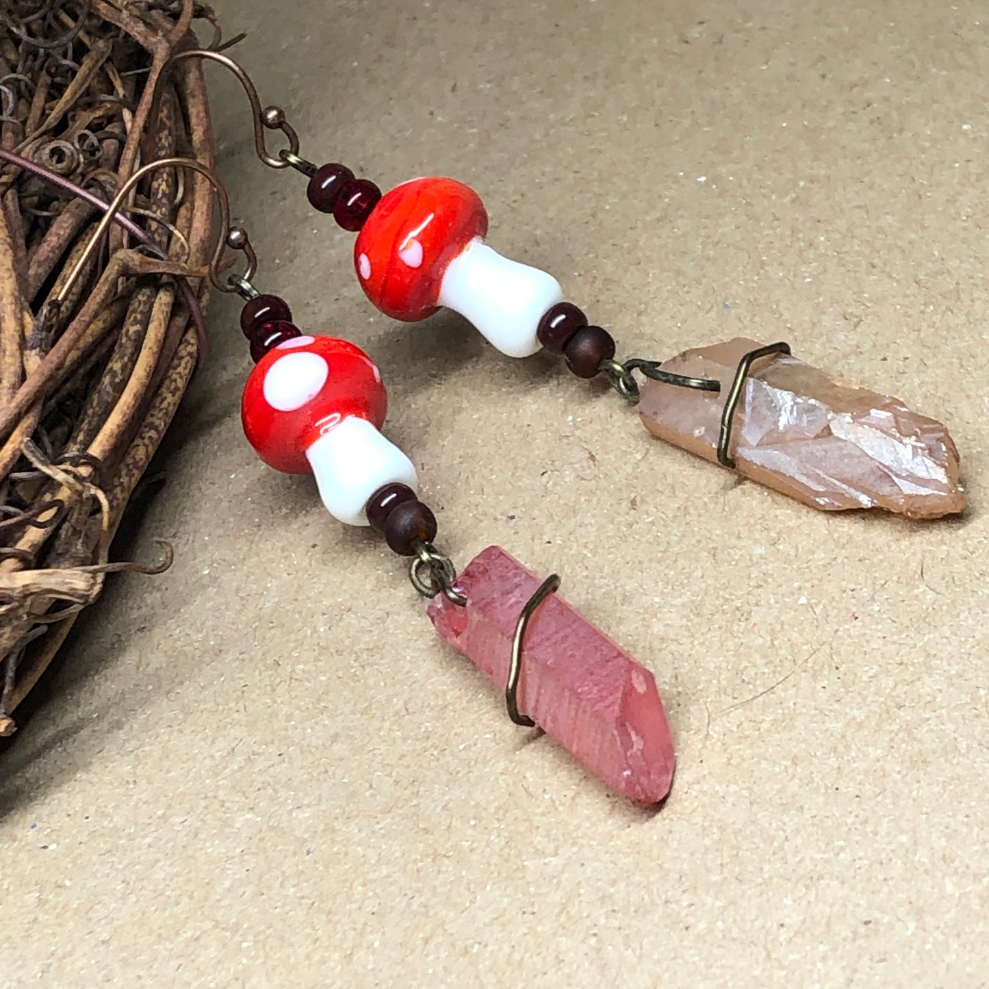 Red and white mushroom crystal earrings