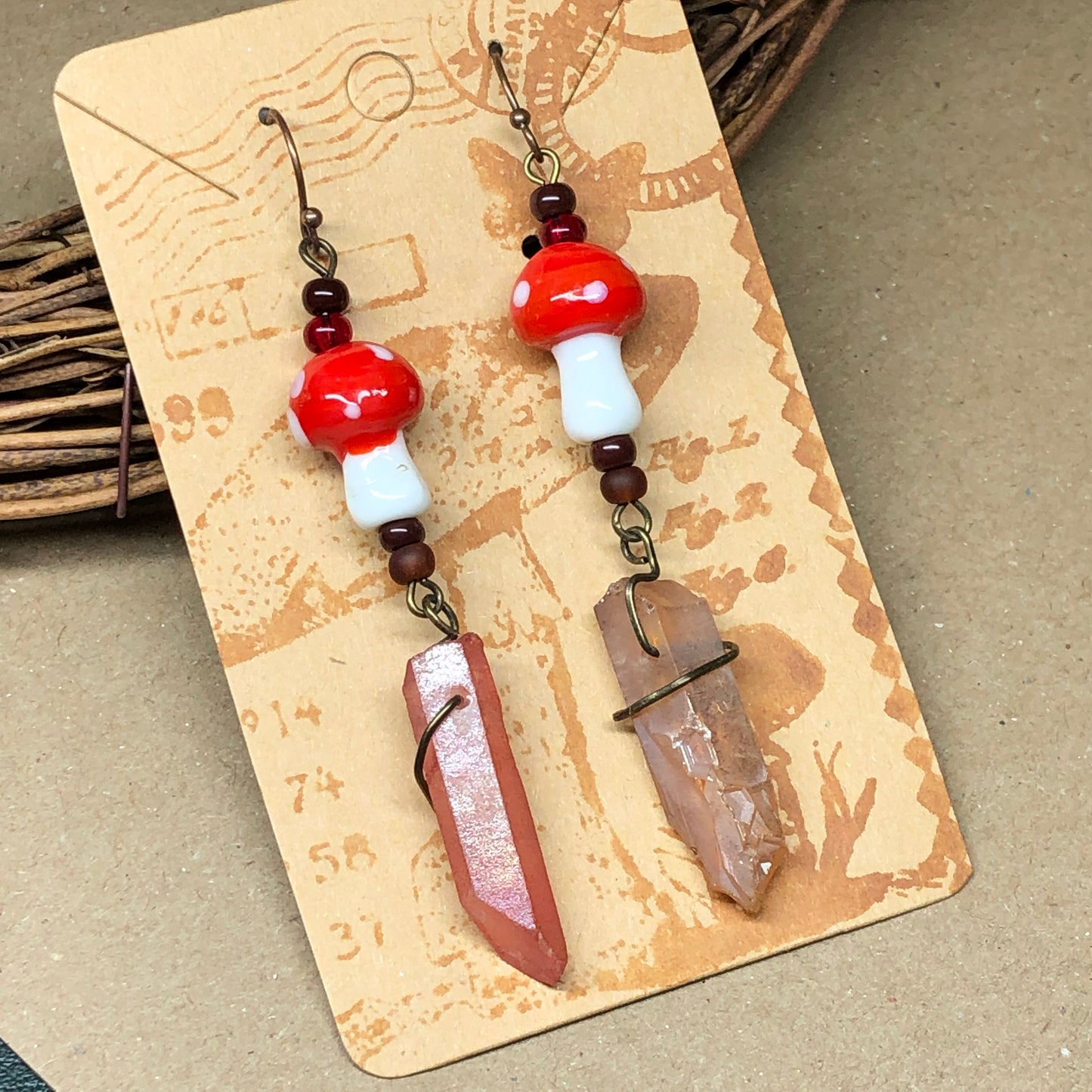 Red and white mushroom crystal earrings