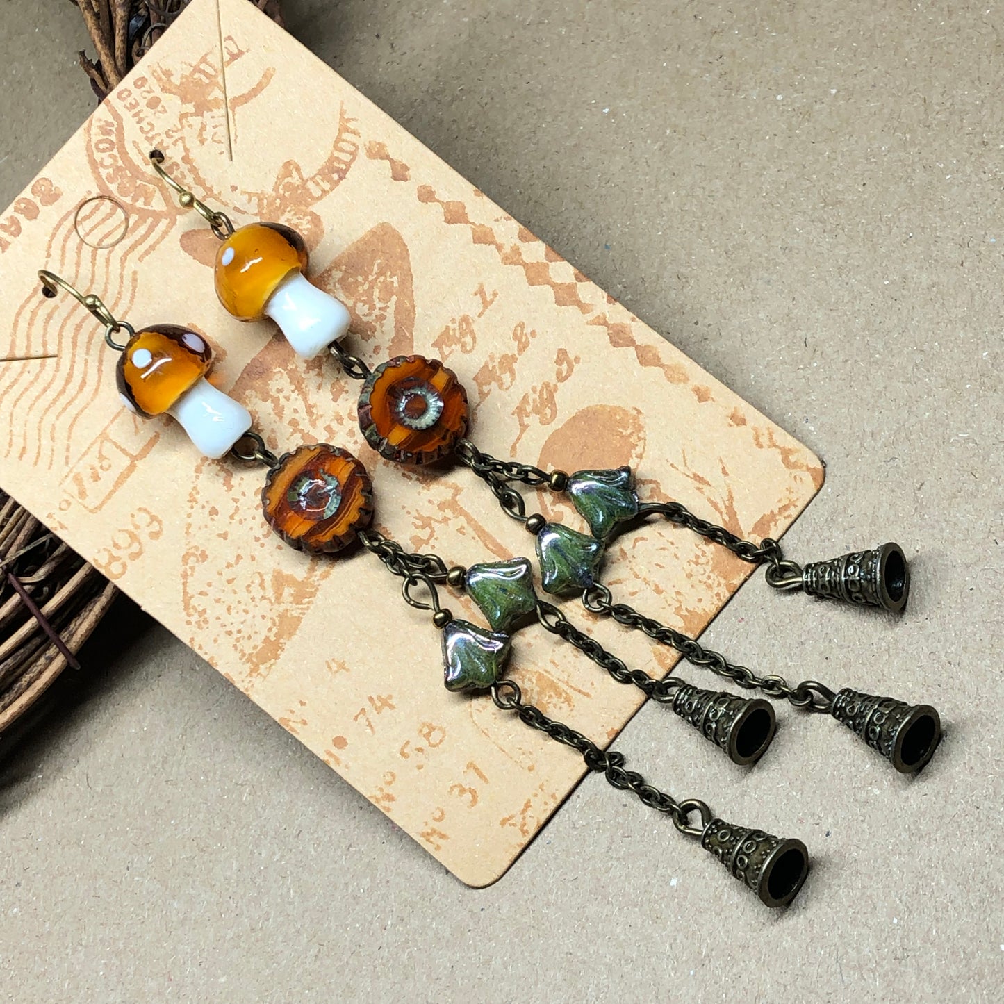 Very long caramel dangle mushroom earrings