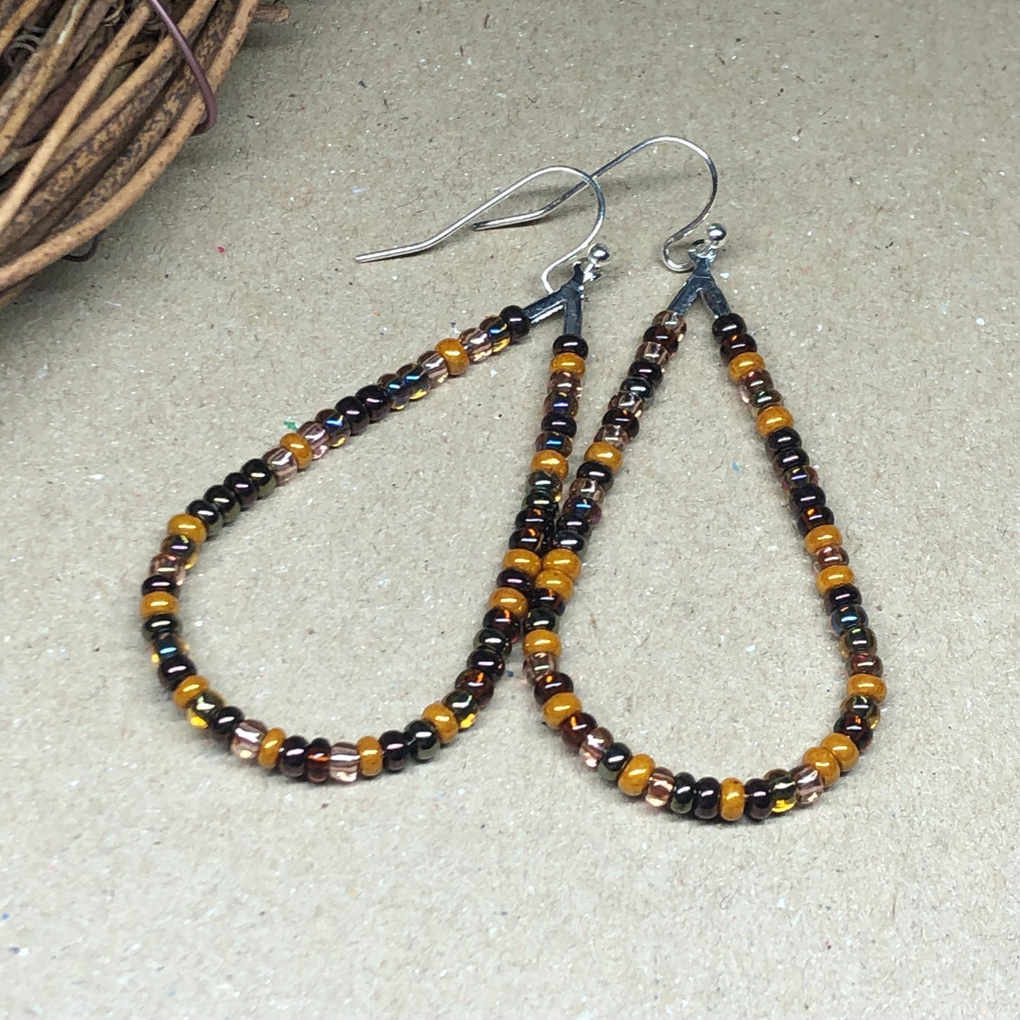 Caramel and coffee teardrop hoop earrings