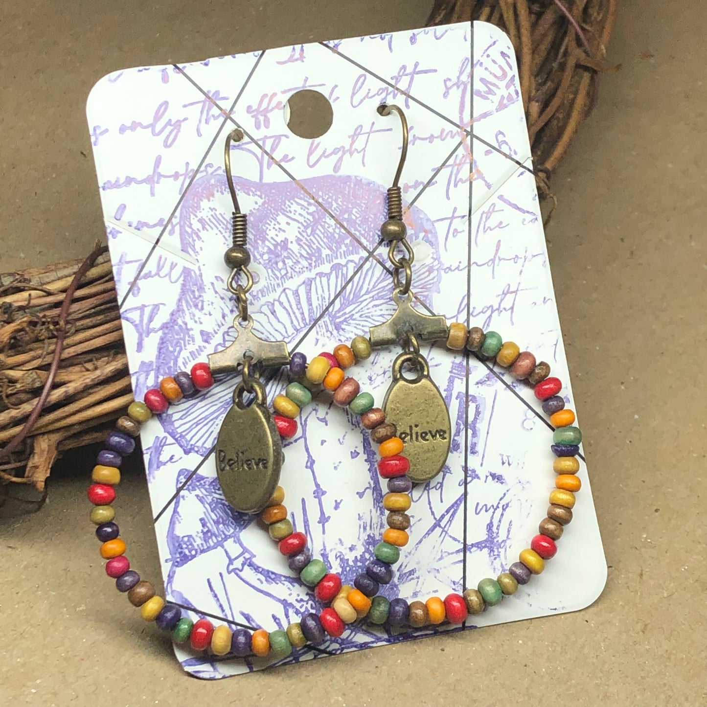 Wooden rainbow believe hoop earrings