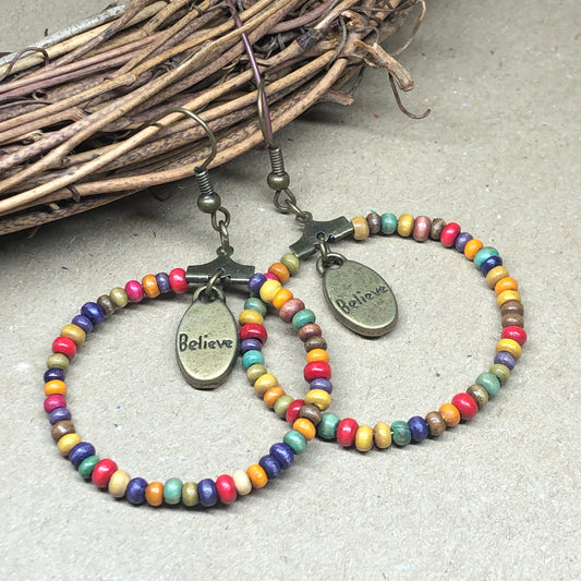 Wooden rainbow believe hoop earrings