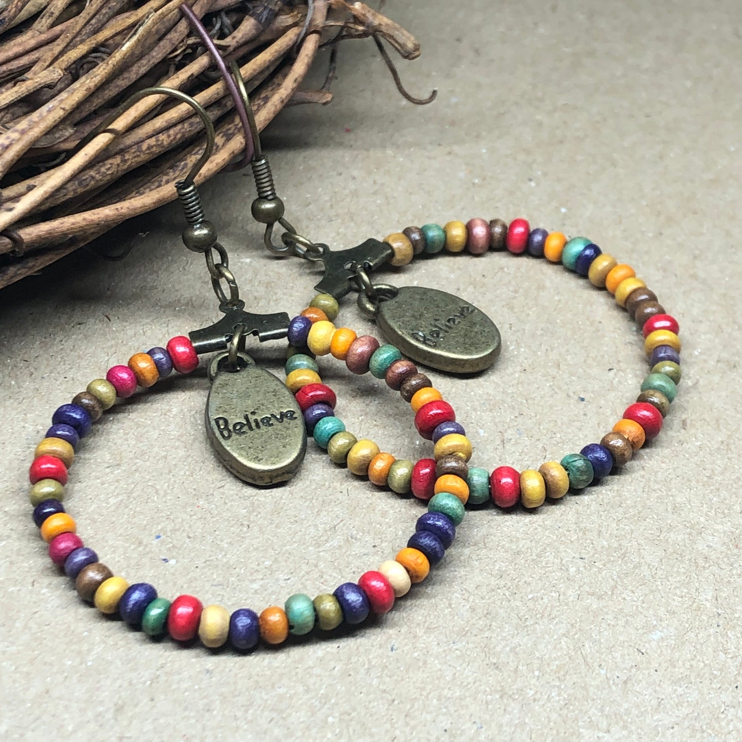 Wooden rainbow believe hoop earrings