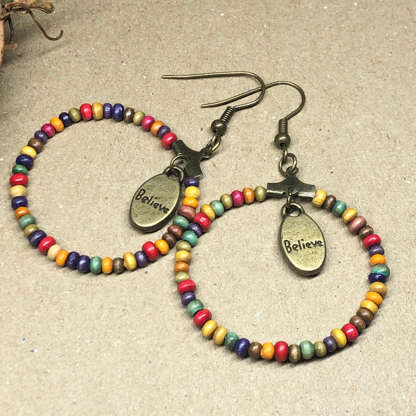 Wooden rainbow believe hoop earrings