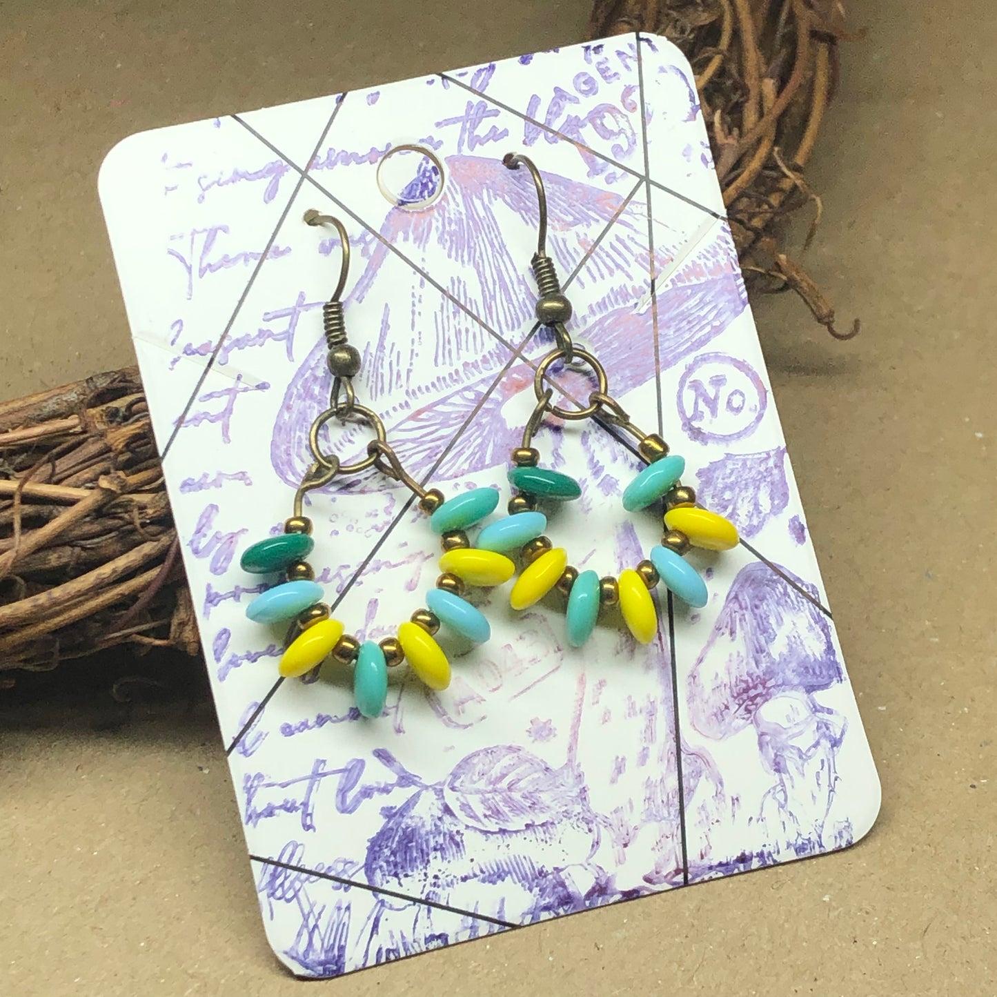 Turquoise and yellow glass disc hoop earrings