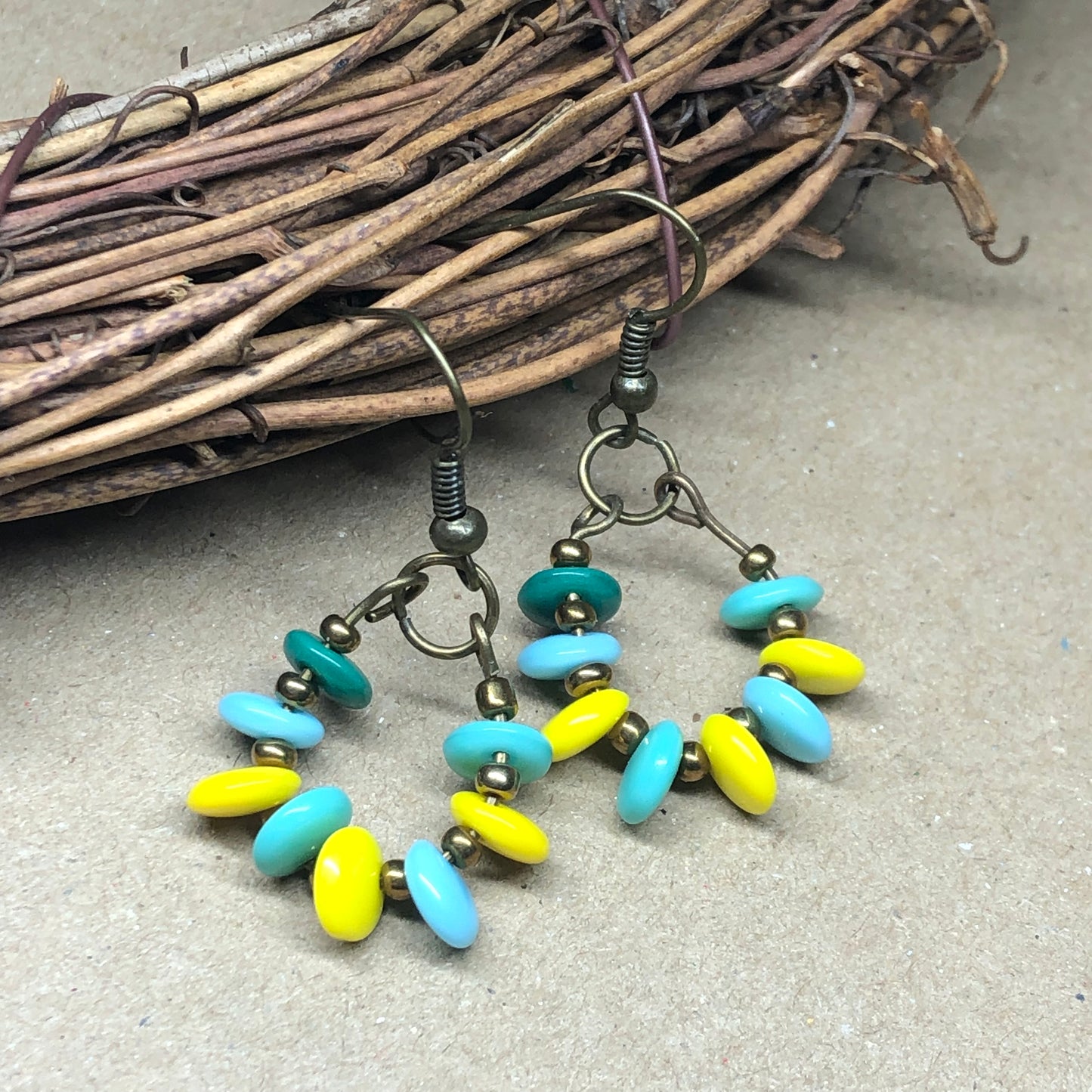 Turquoise and yellow glass disc hoop earrings