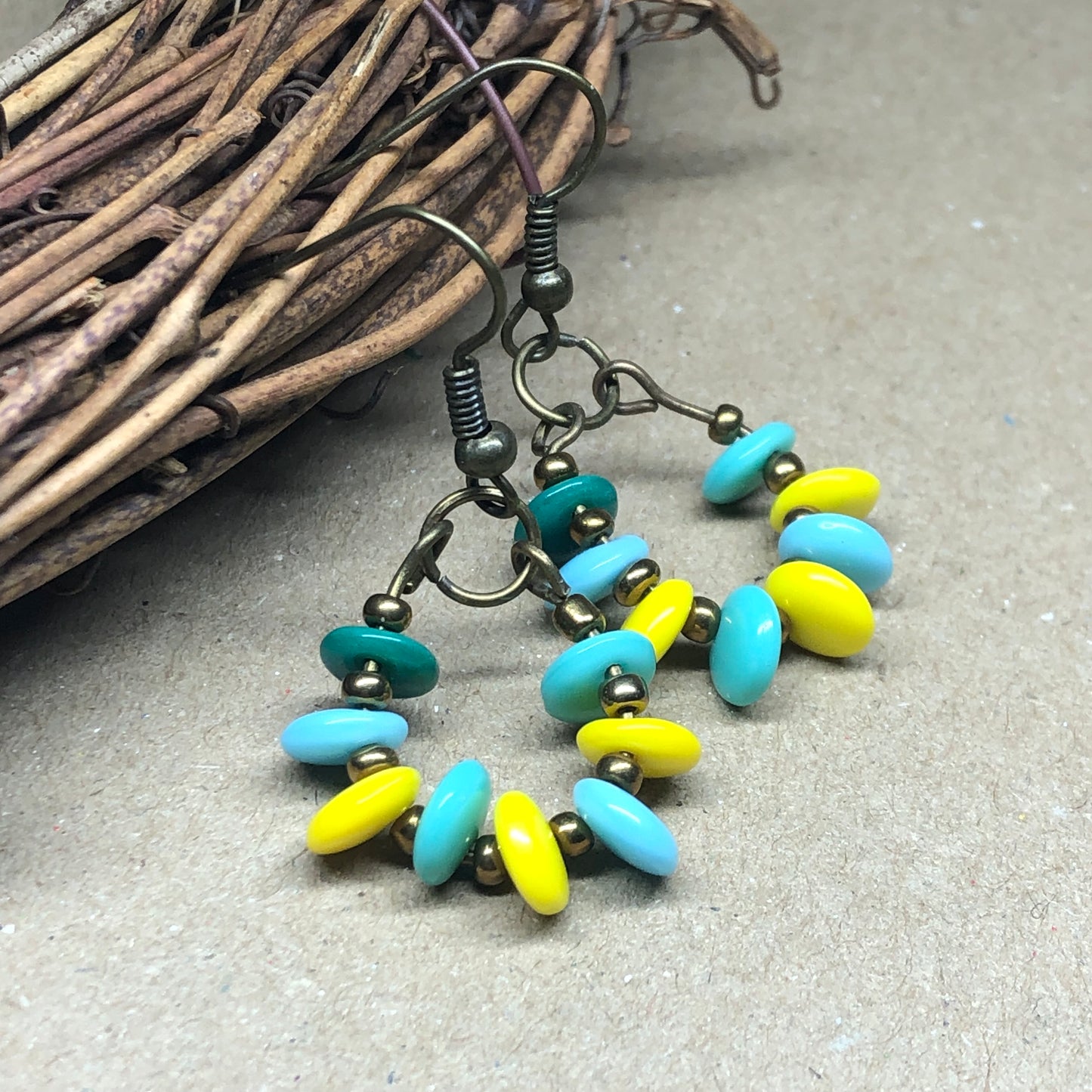 Turquoise and yellow glass disc hoop earrings