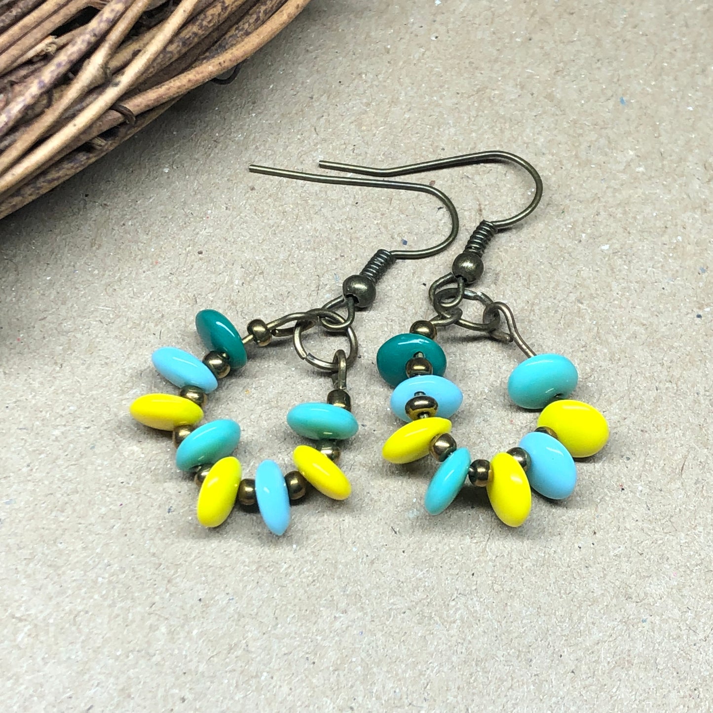 Turquoise and yellow glass disc hoop earrings