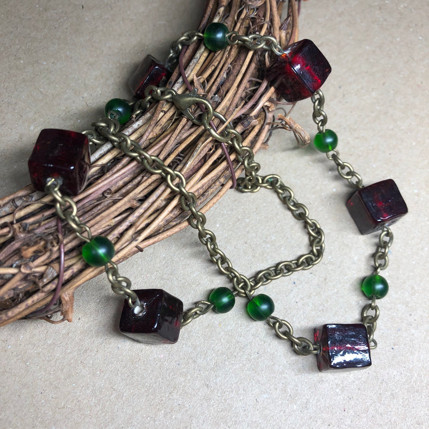 Blood red cube and green seaglass necklace