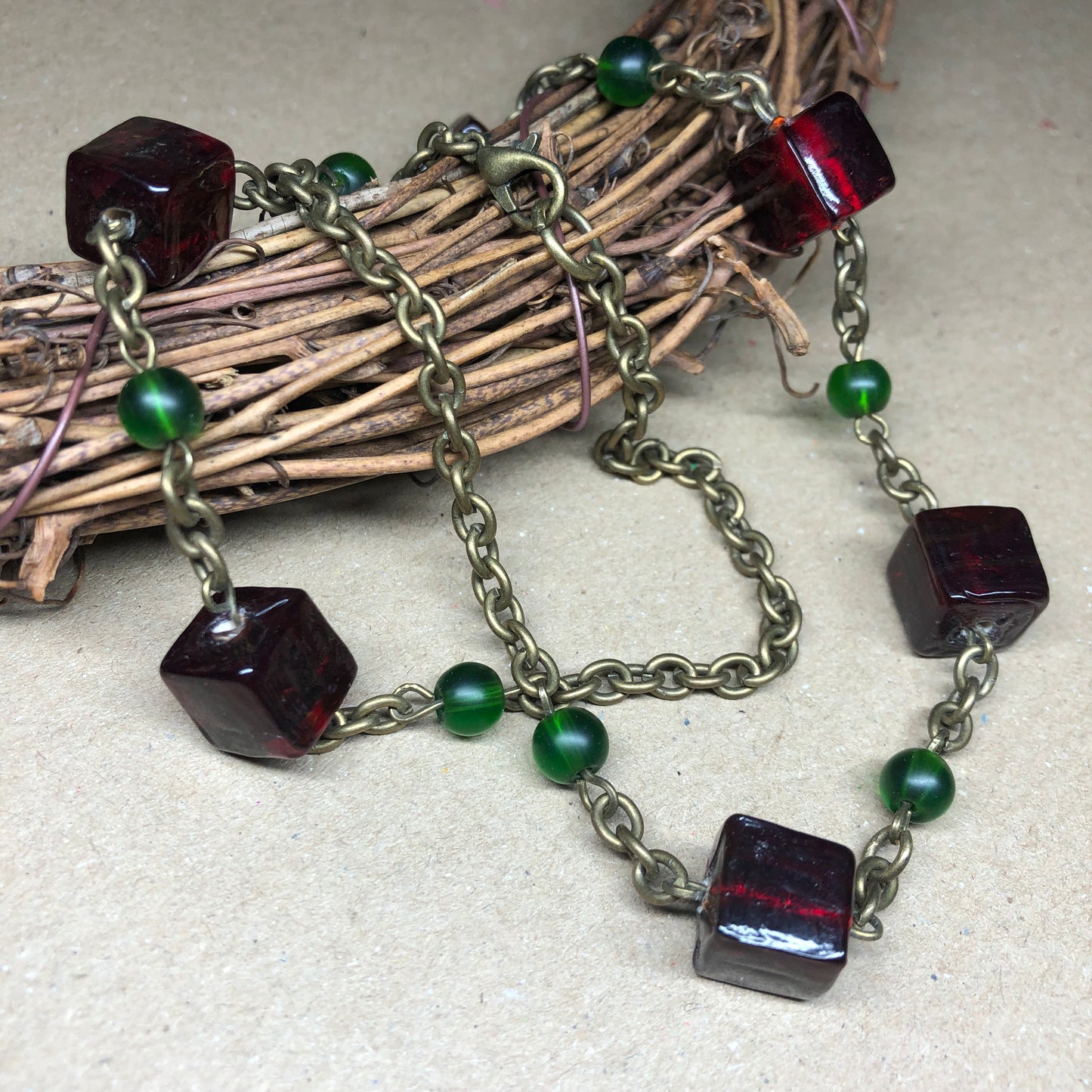 Blood red cube and green seaglass necklace