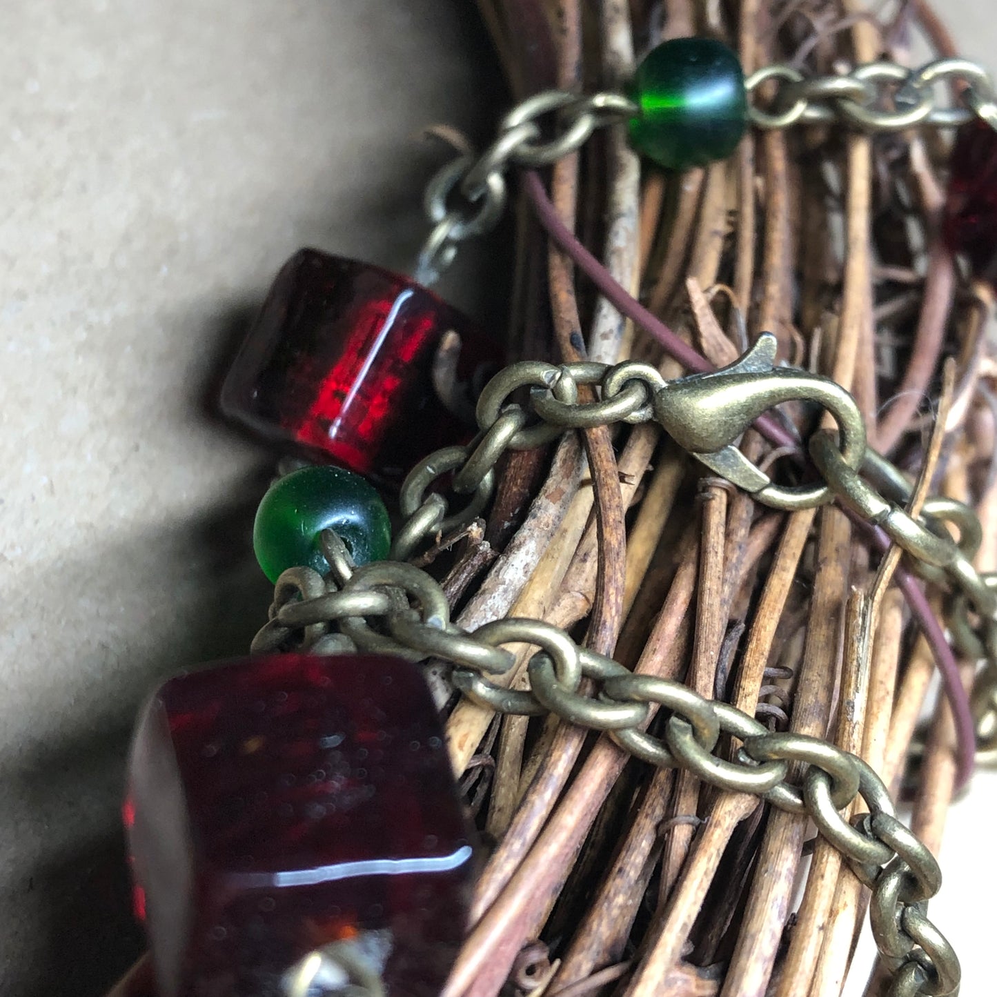 Blood red cube and green seaglass necklace