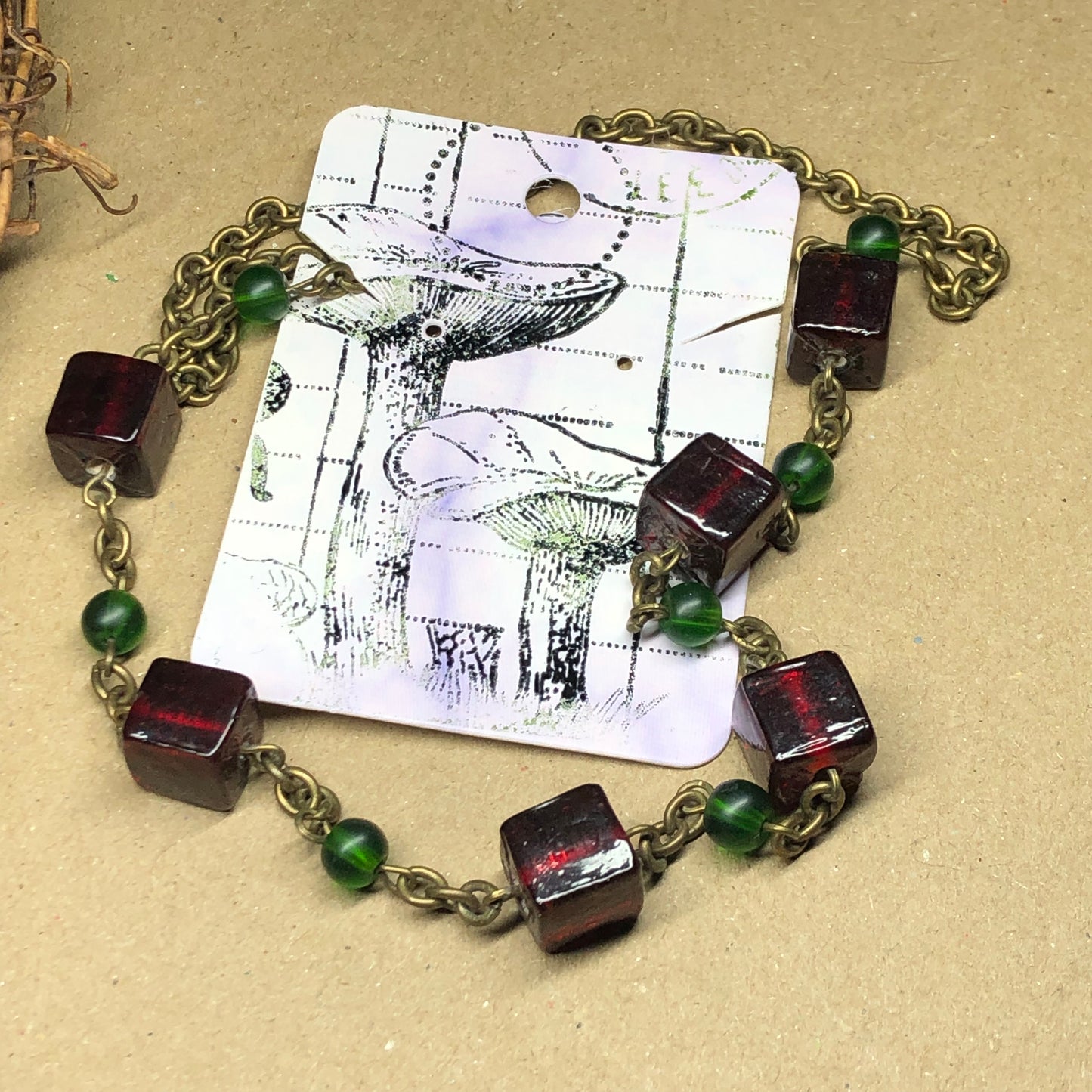 Blood red cube and green seaglass necklace