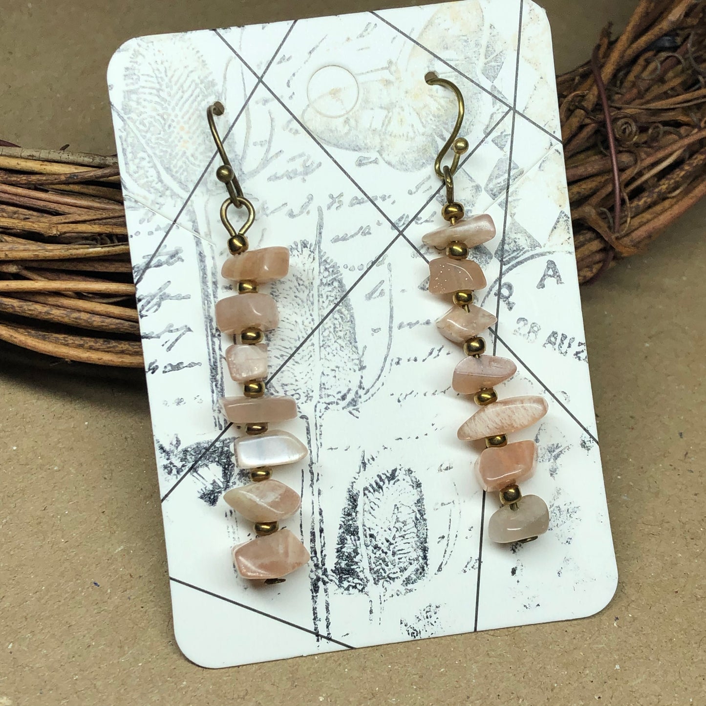 Peach Sunstone chip bar drop earrings