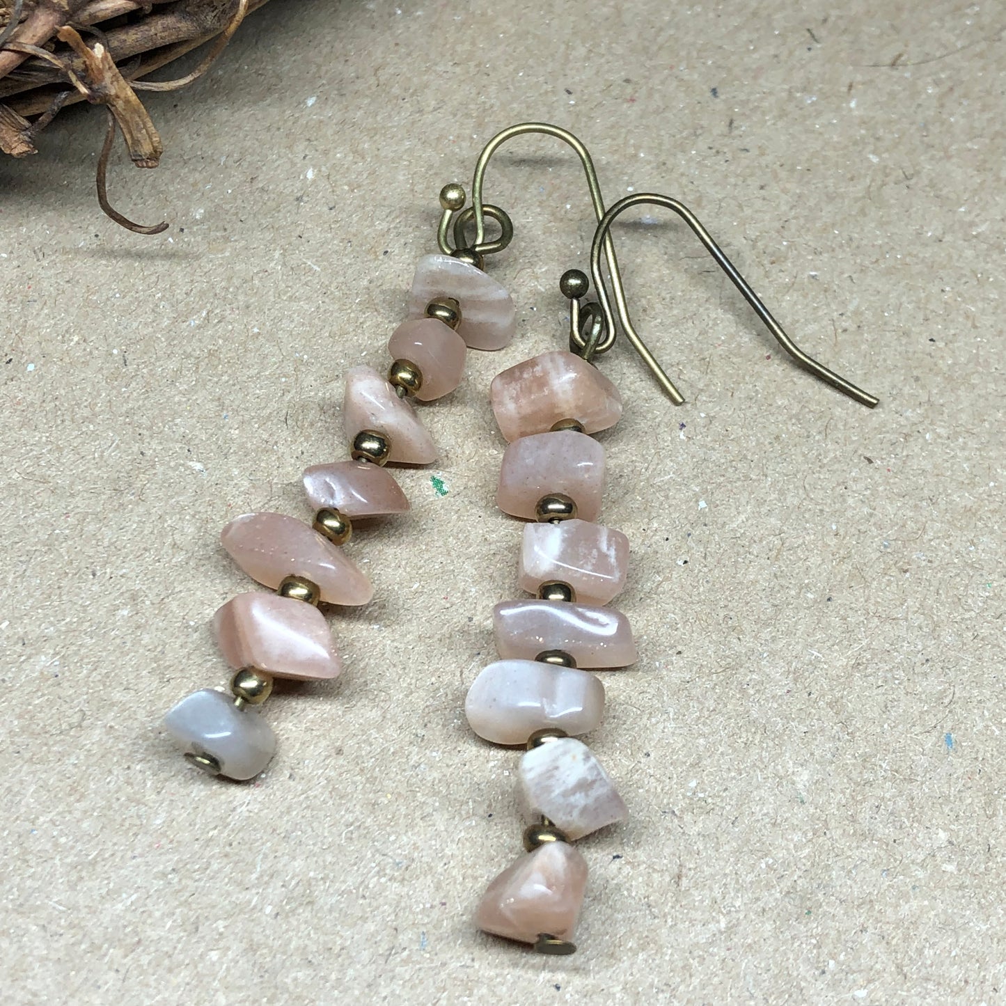 Peach Sunstone chip bar drop earrings