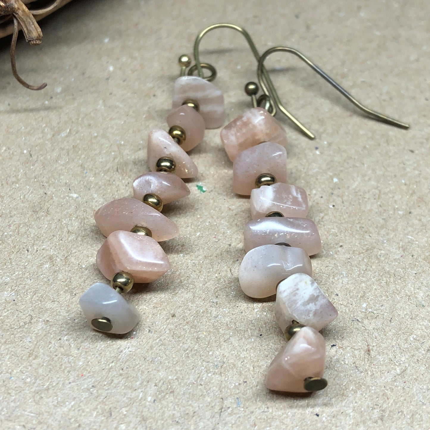 Peach Sunstone chip bar drop earrings