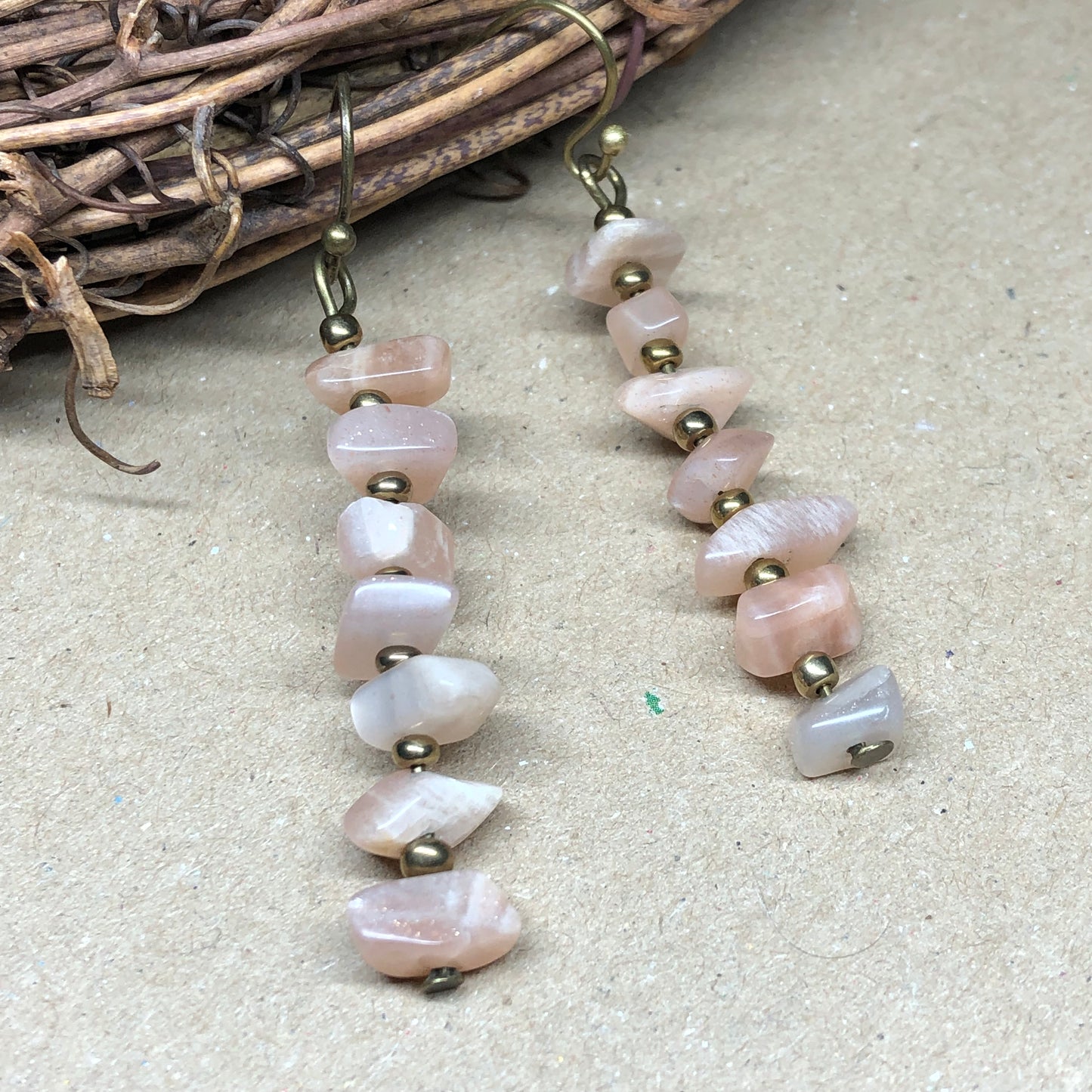 Peach Sunstone chip bar drop earrings