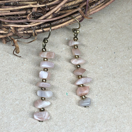 Peach Sunstone chip bar drop earrings