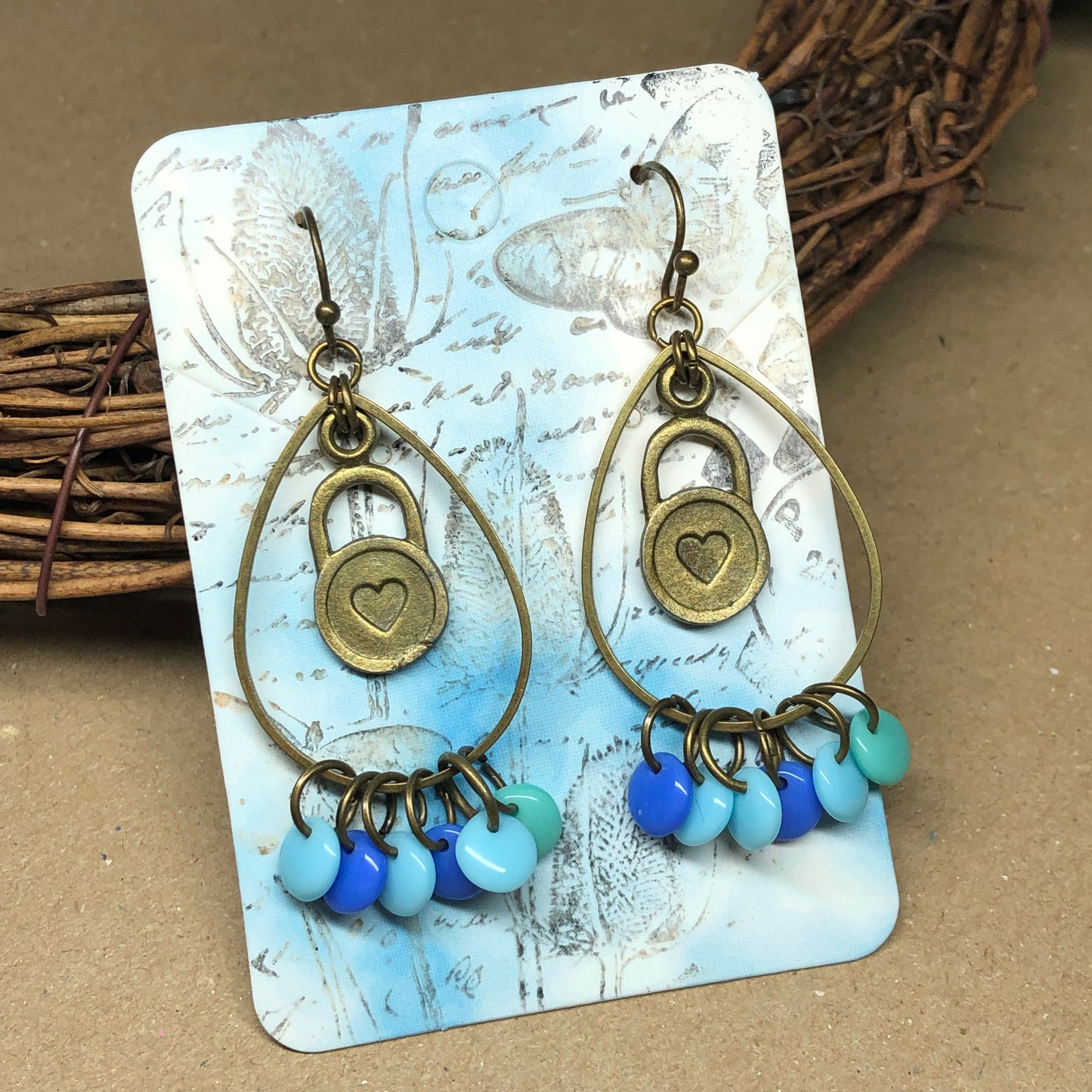 Blue glass disc heart hoop earrings