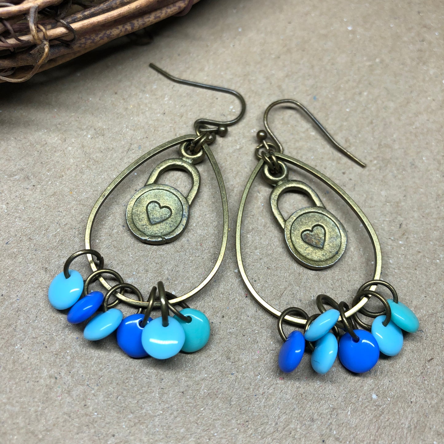 Blue glass disc heart hoop earrings