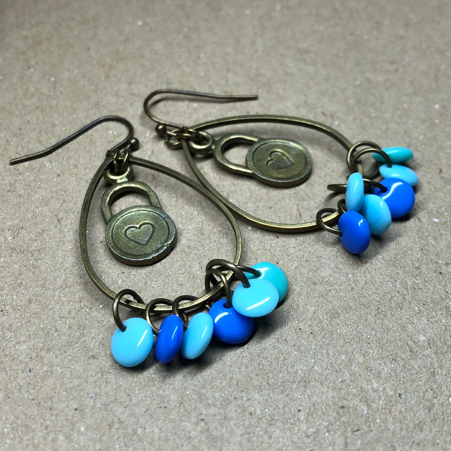 Blue glass disc heart hoop earrings