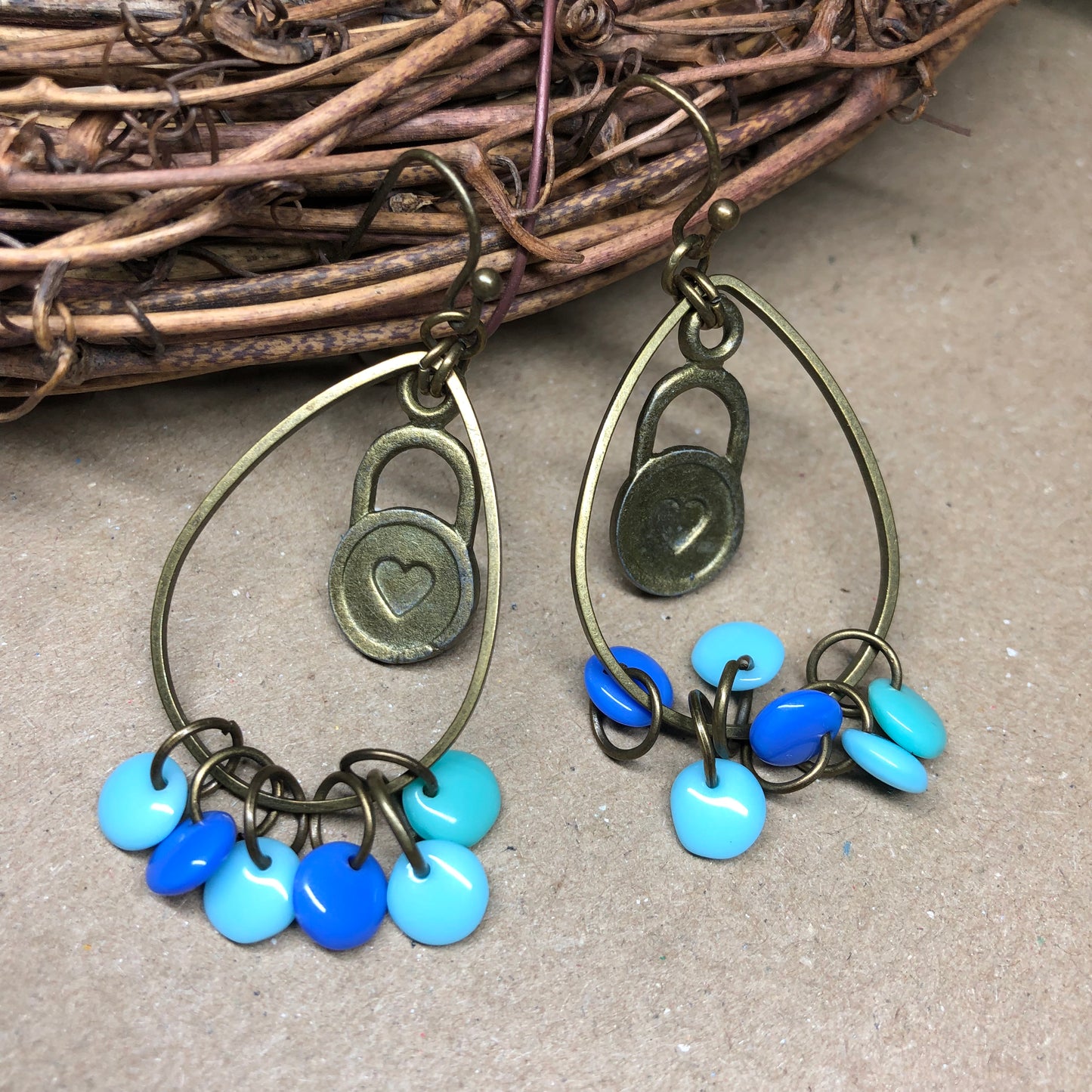 Blue glass disc heart hoop earrings