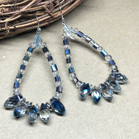 Crystal teardrop hoop earrings with feathers charms