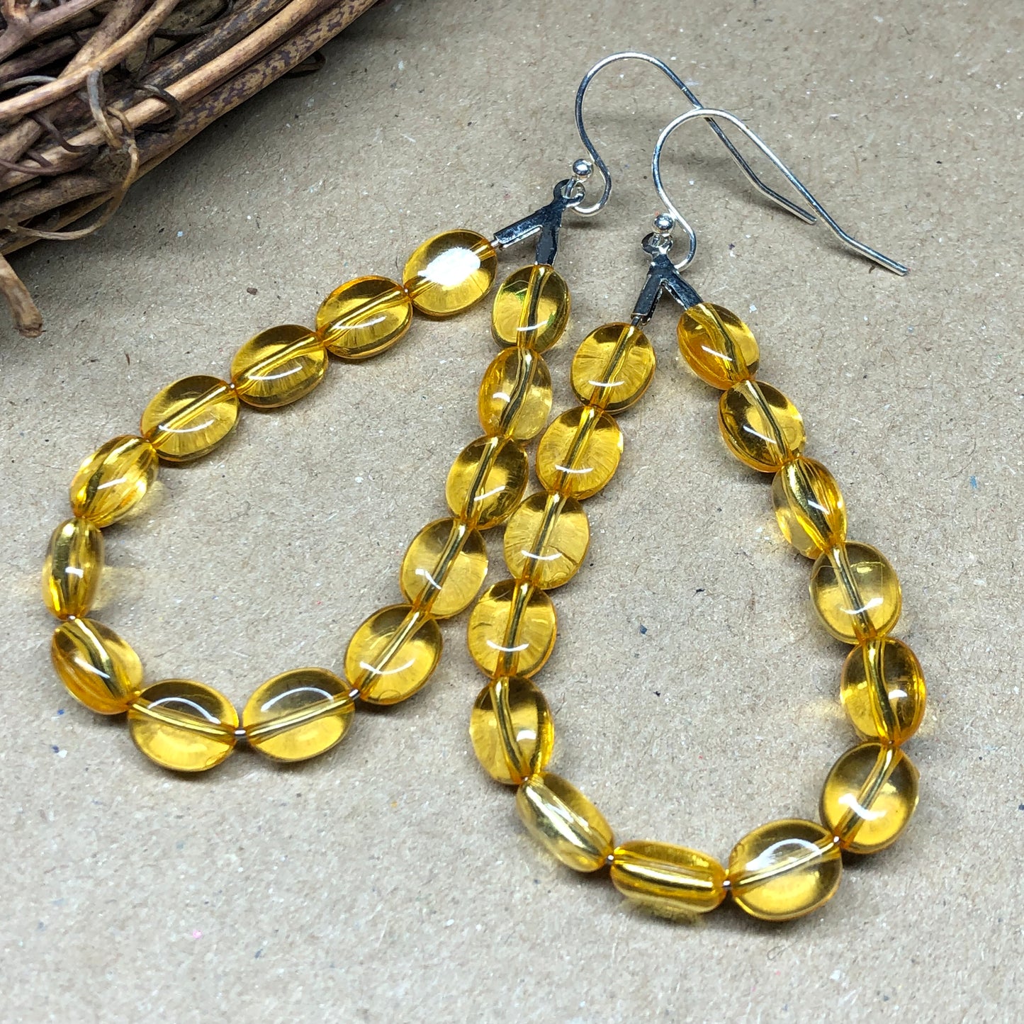 Yellow teardrop glass hoop earrings