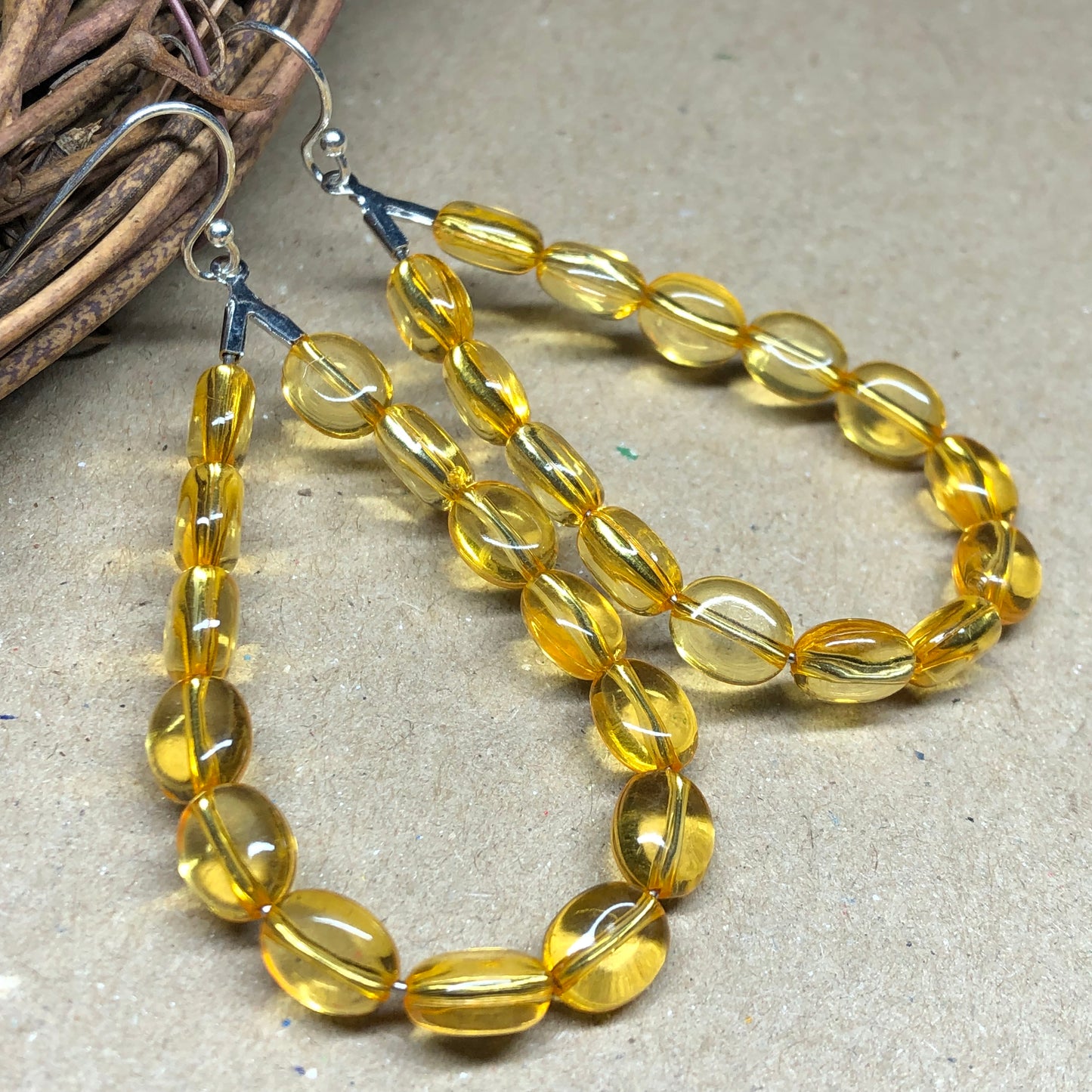 Yellow teardrop glass hoop earrings