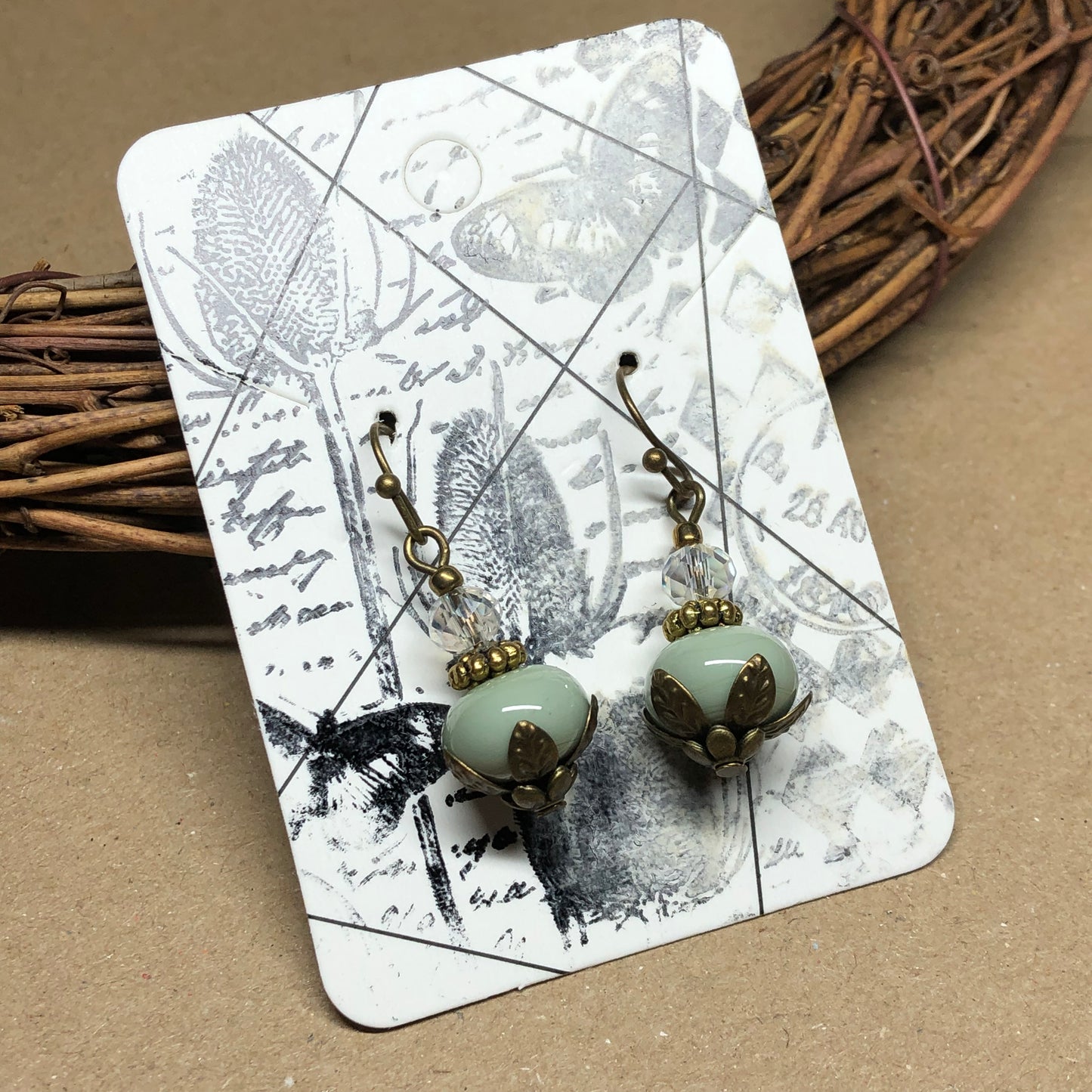 Green artisan glass and crystal earrings