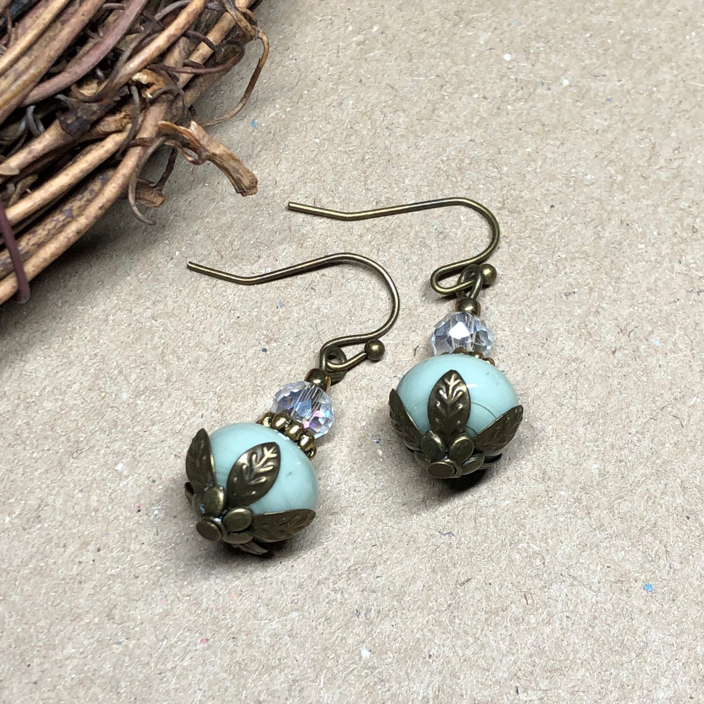 Green artisan glass and crystal earrings