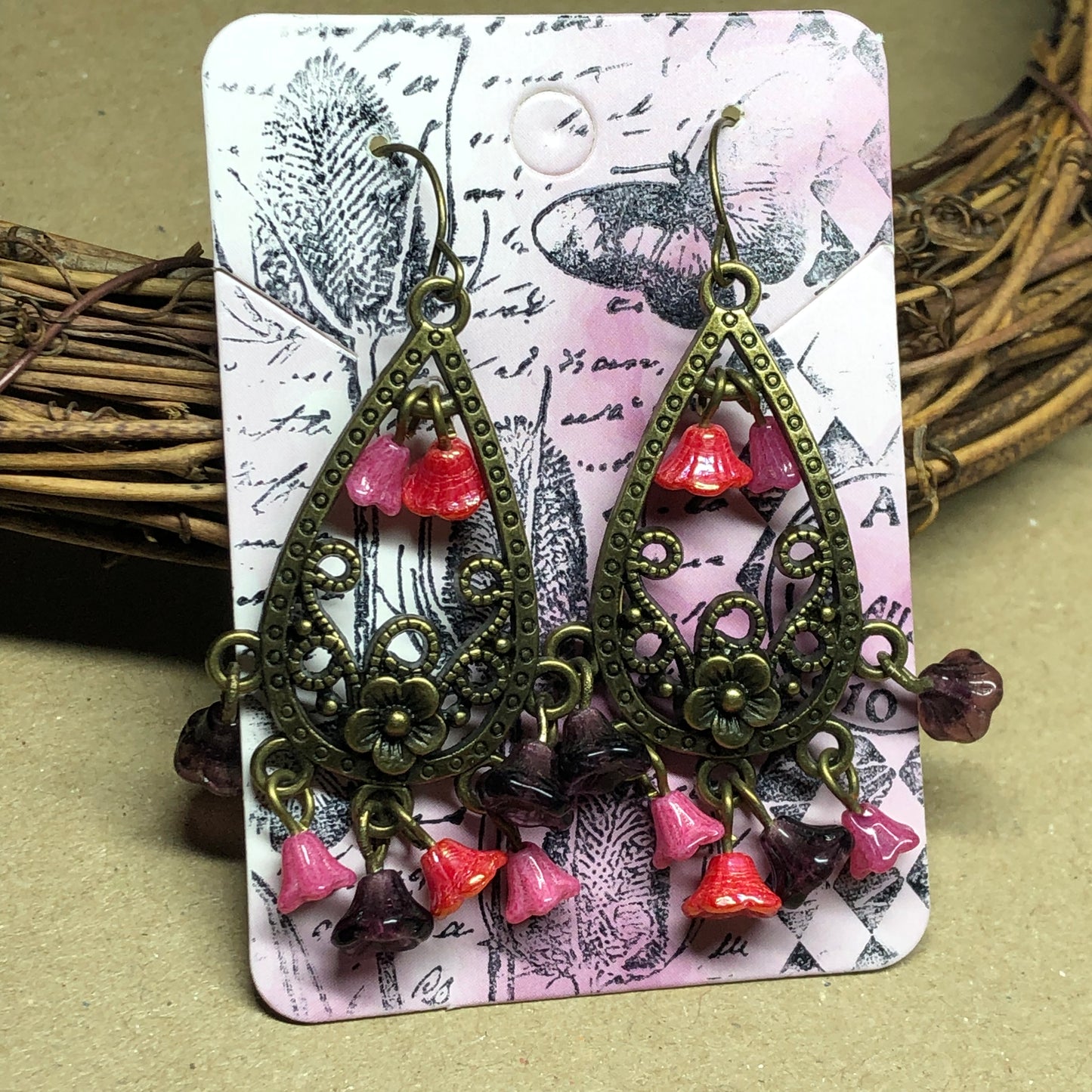 Pink Czech glass flower chandelier earrings