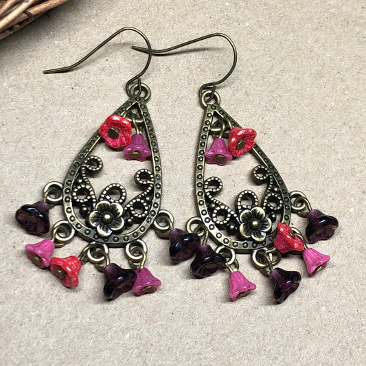 Pink Czech glass flower chandelier earrings