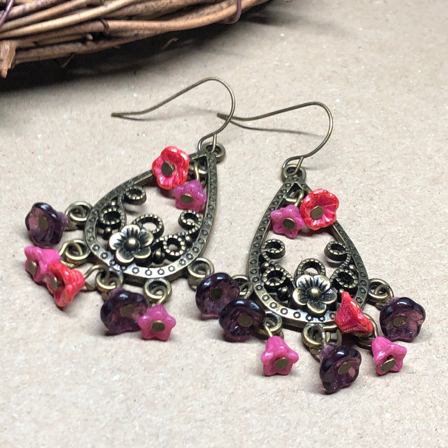 Pink Czech glass flower chandelier earrings