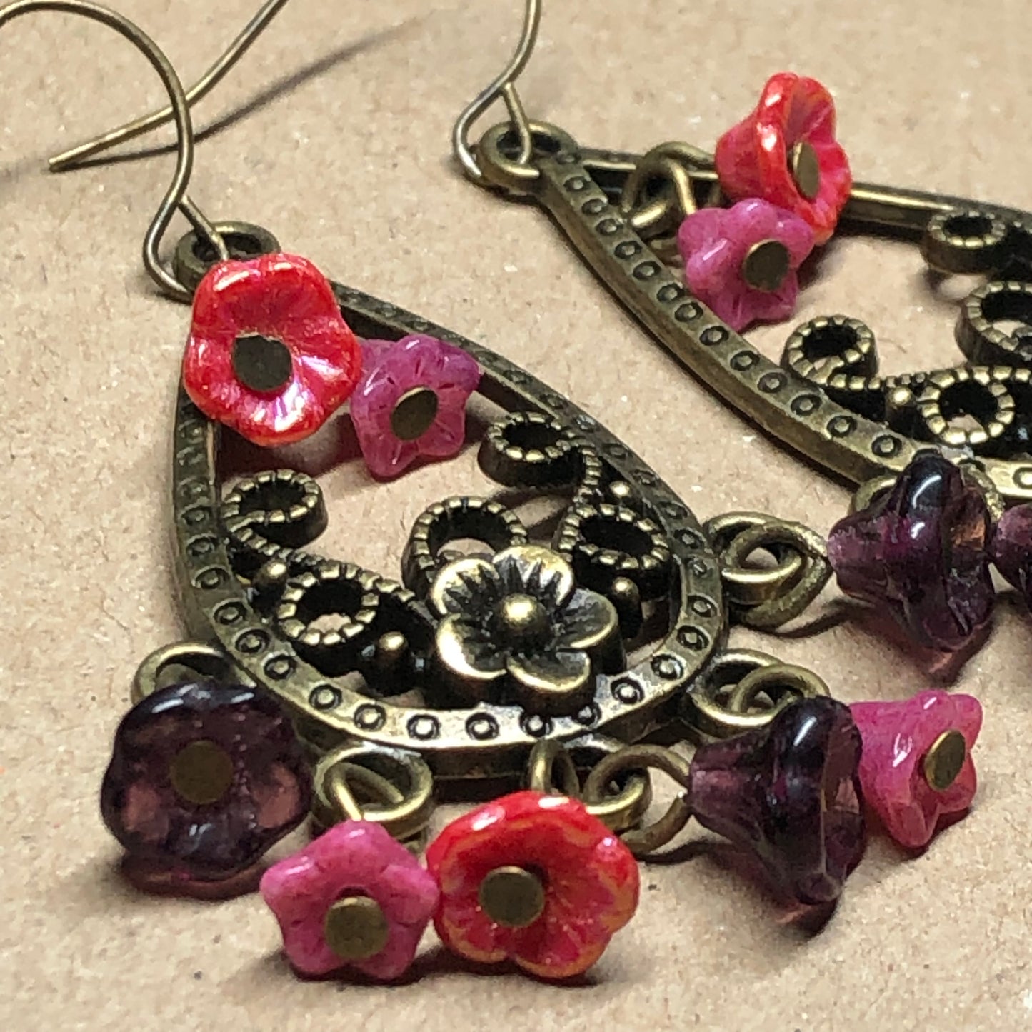 Pink Czech glass flower chandelier earrings