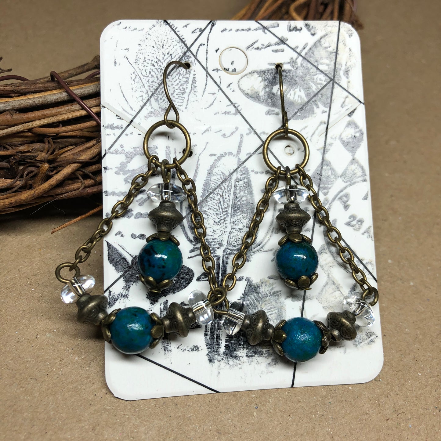 Chrysocola and glass chandelier earrings