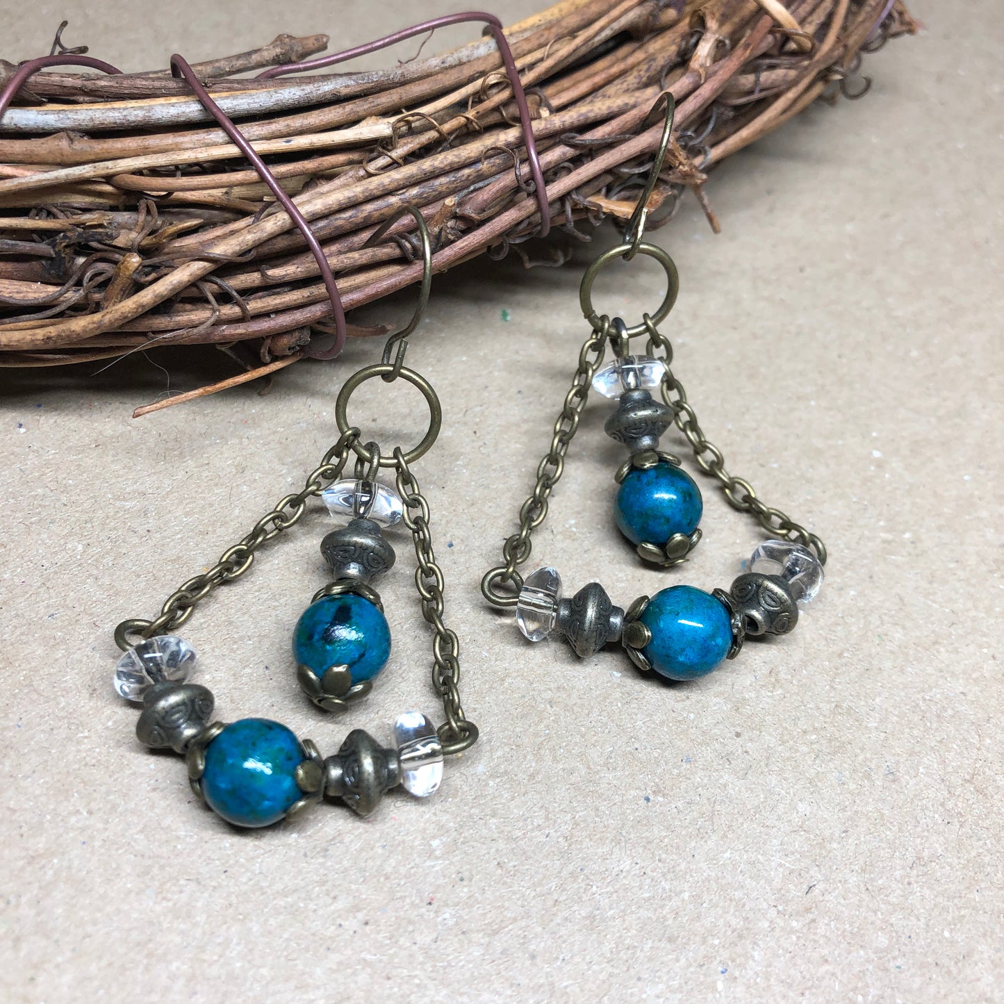 Chrysocola and glass chandelier earrings