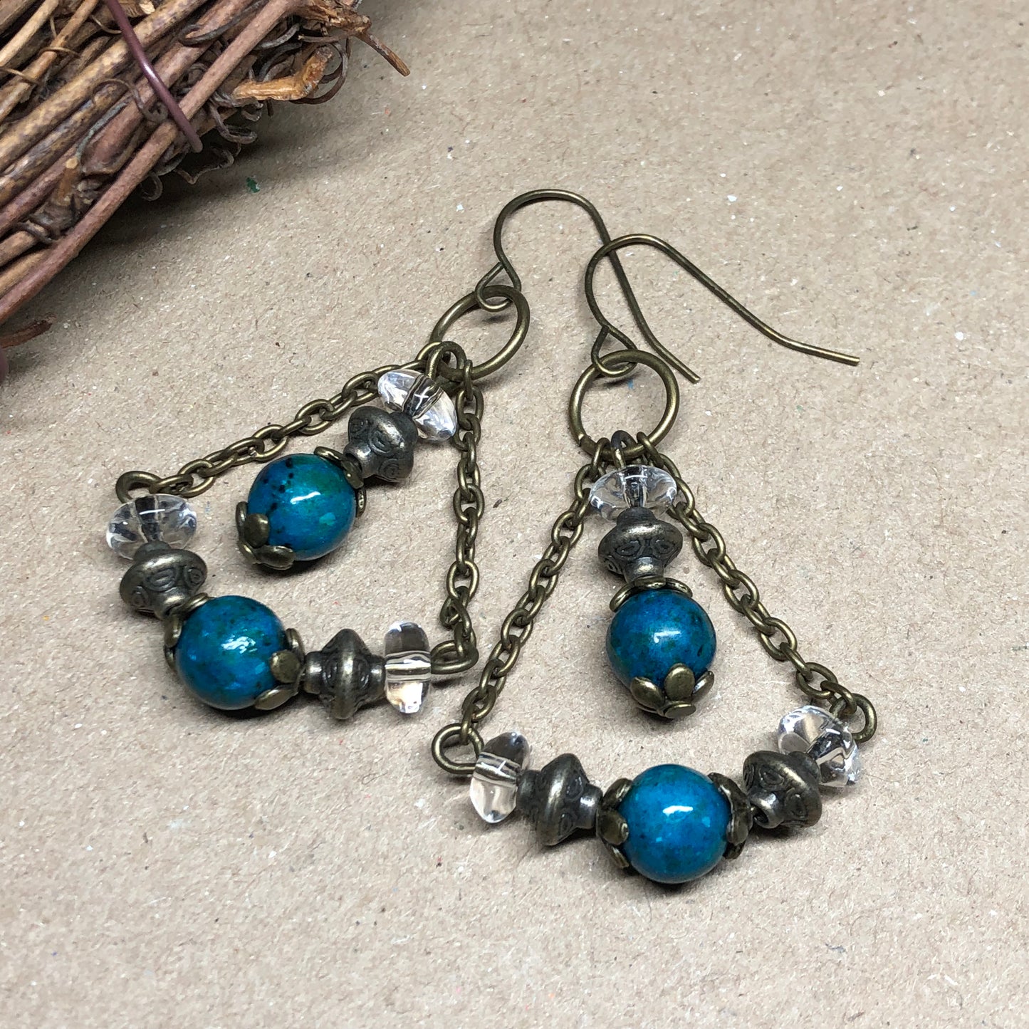 Chrysocola and glass chandelier earrings