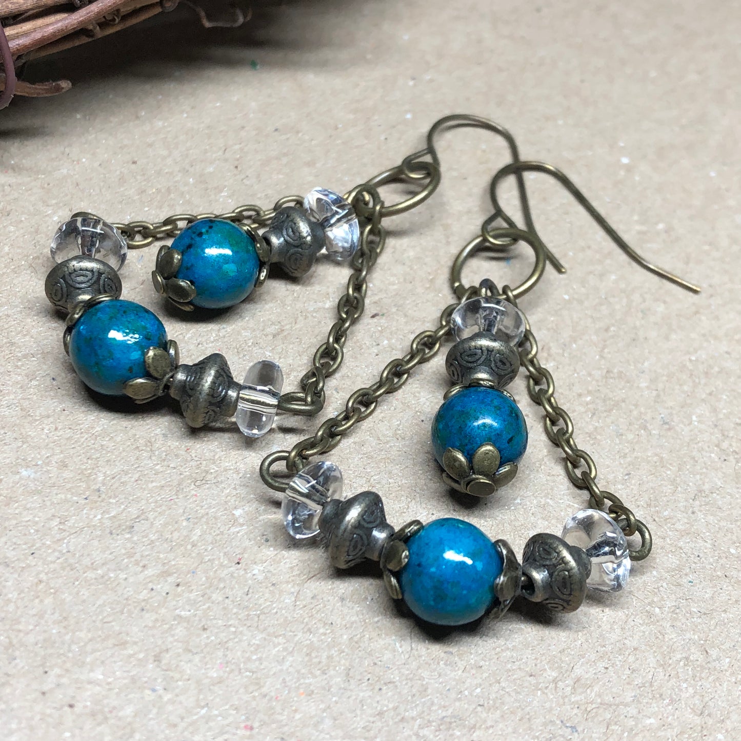 Chrysocola and glass chandelier earrings