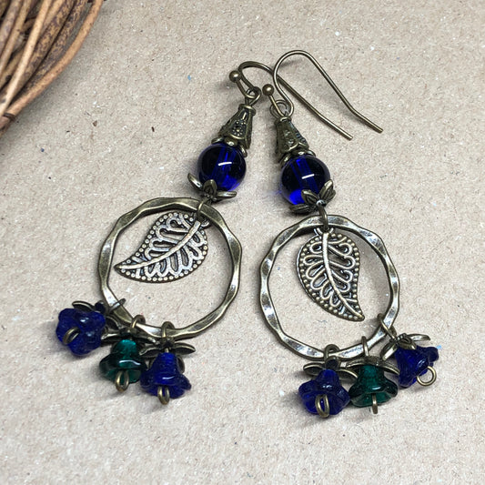 Cobalt blue Czech glass flower and leaf earrings