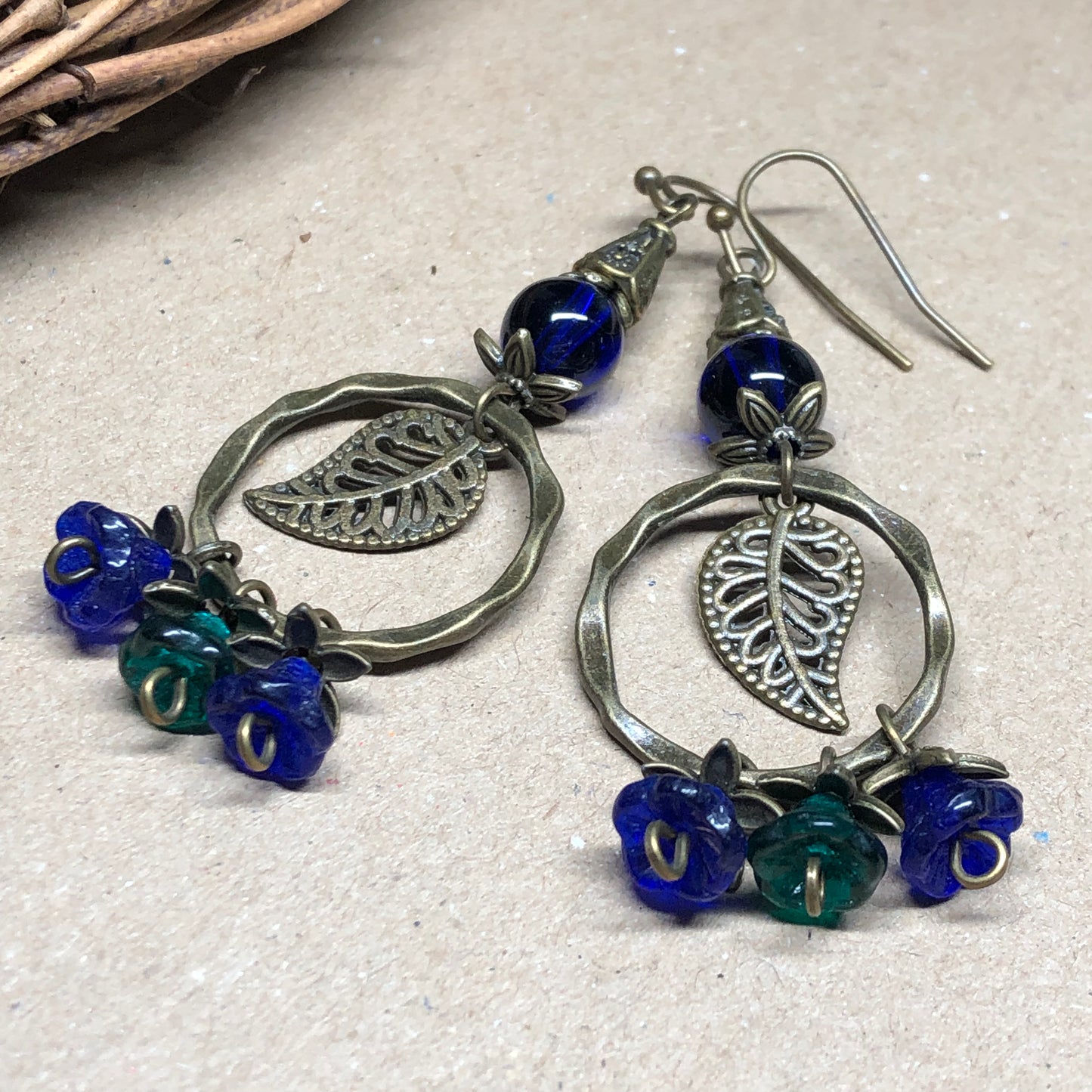 Cobalt blue Czech glass flower and leaf earrings