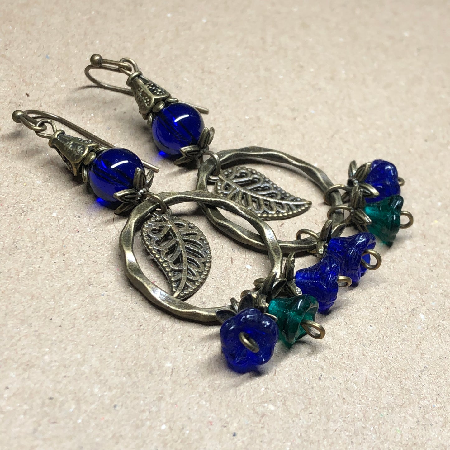 Cobalt blue Czech glass flower and leaf earrings