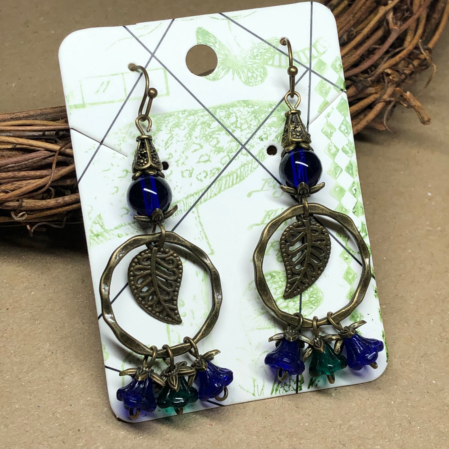 Cobalt blue Czech glass flower and leaf earrings