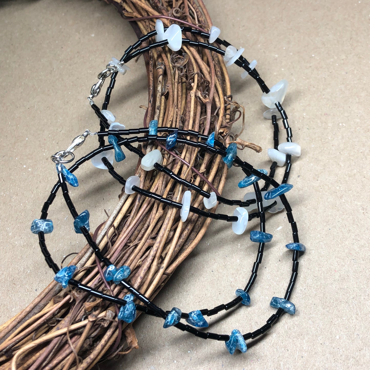 Moonstone and Apatite choker necklaces