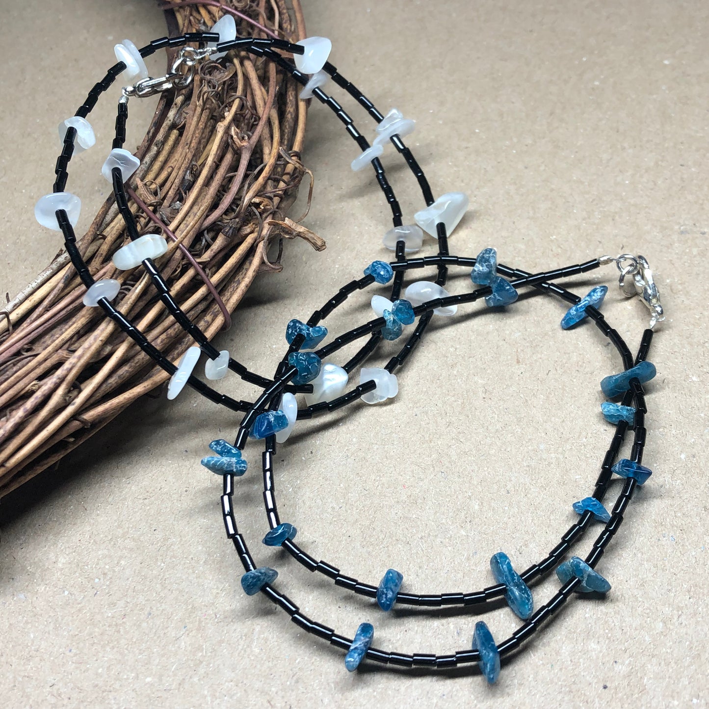 Moonstone and Apatite choker necklaces