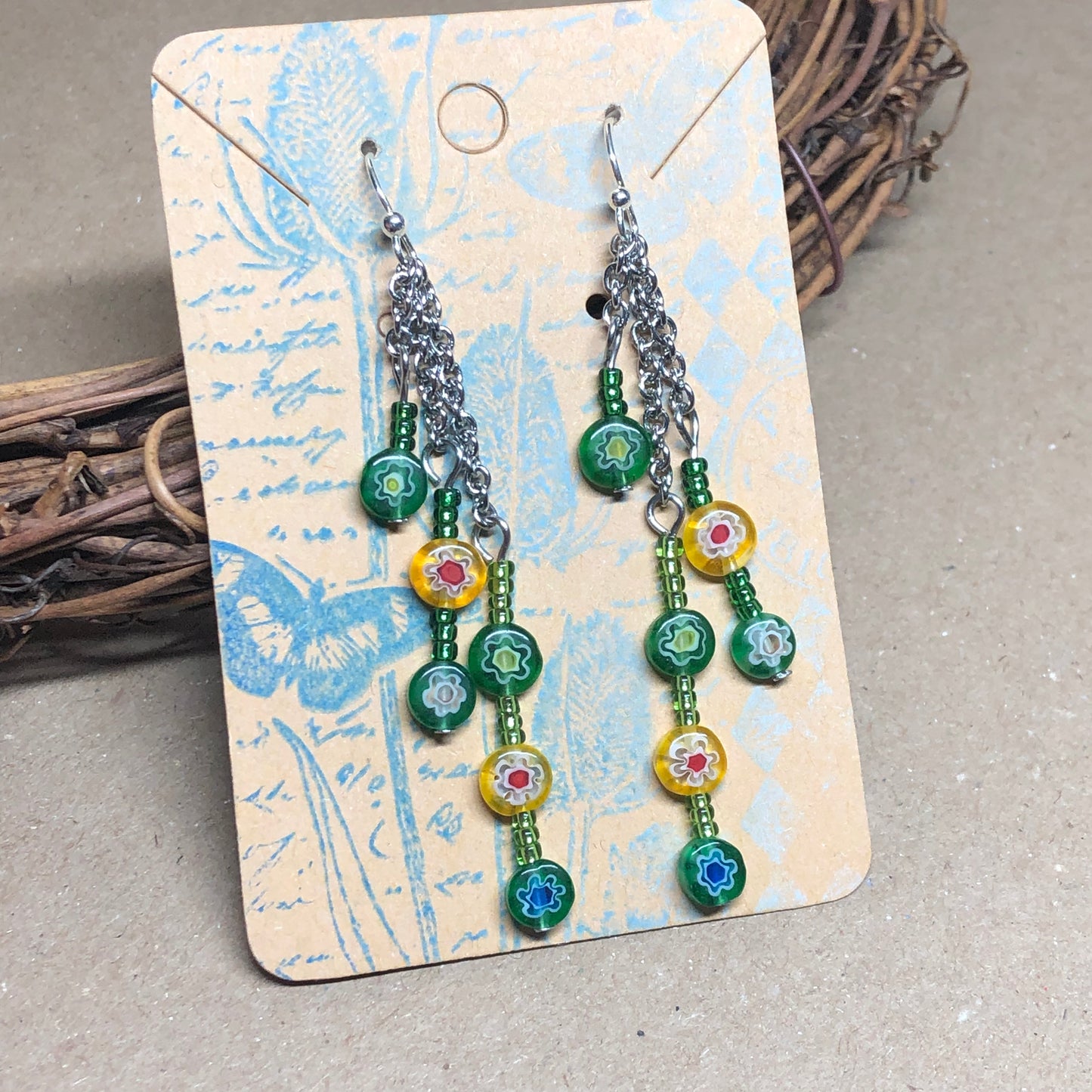 Green and Yellow Millefiori glass earrings