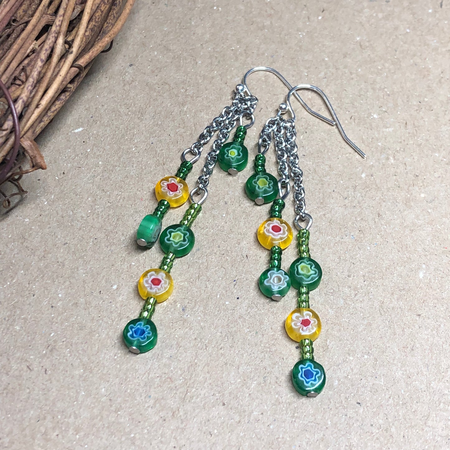 Green and Yellow Millefiori glass earrings