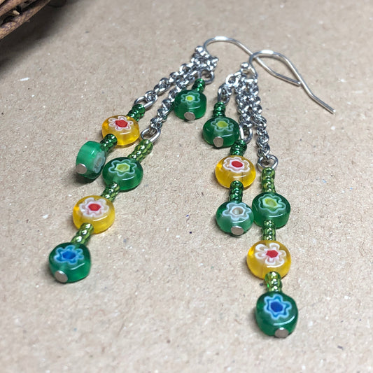 Green and Yellow Millefiori glass earrings