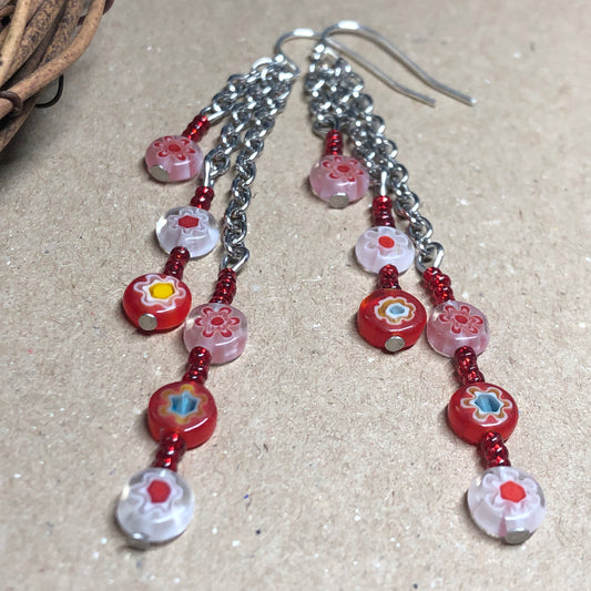 Red Millefiori glass flower earrings