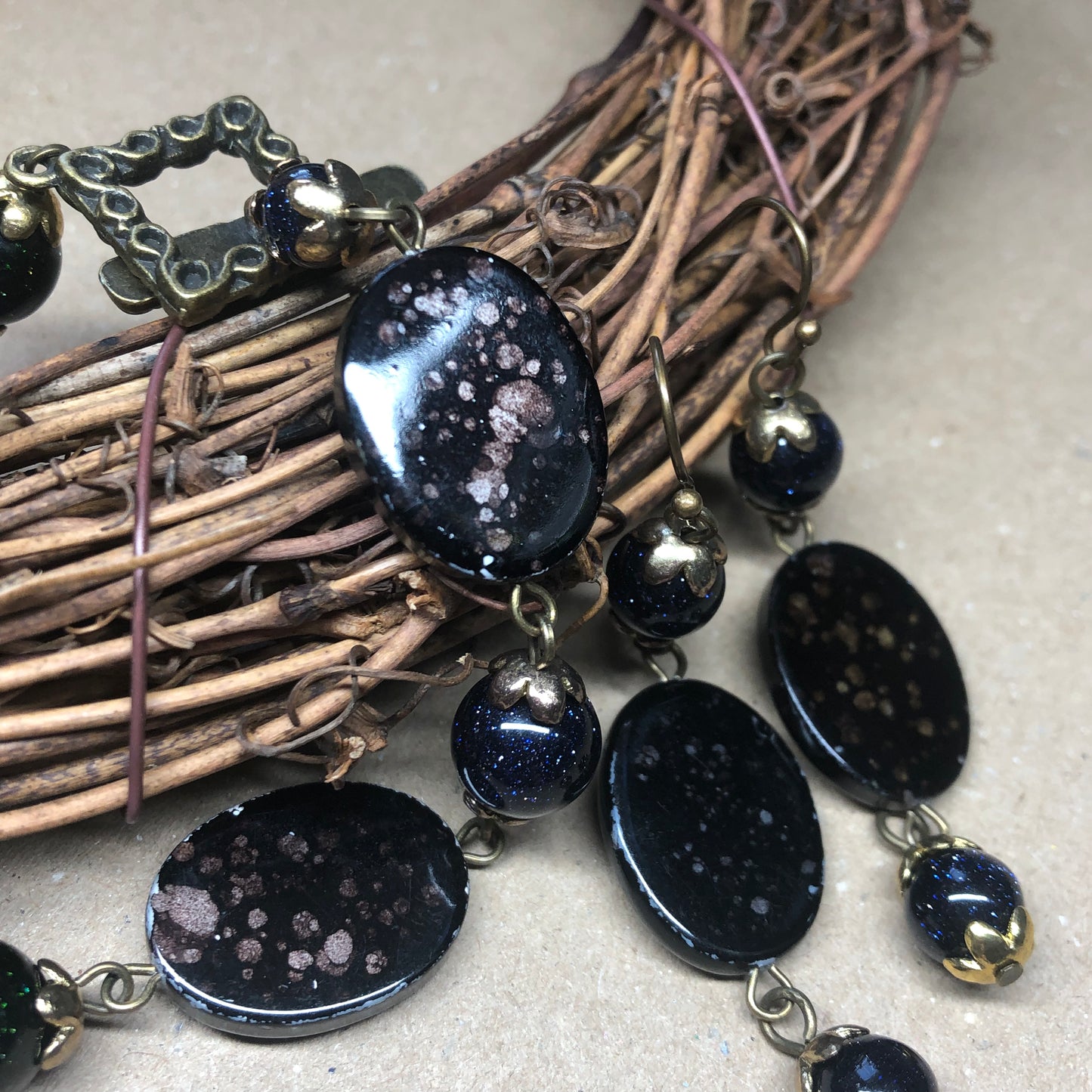 Midnight Wander - Goldstone and shell bracelet and earrings