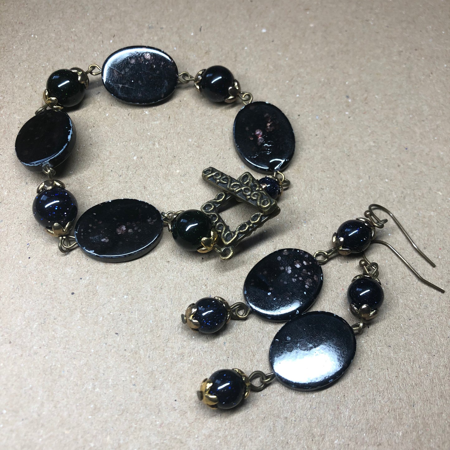 Midnight Wander - Goldstone and shell bracelet and earrings